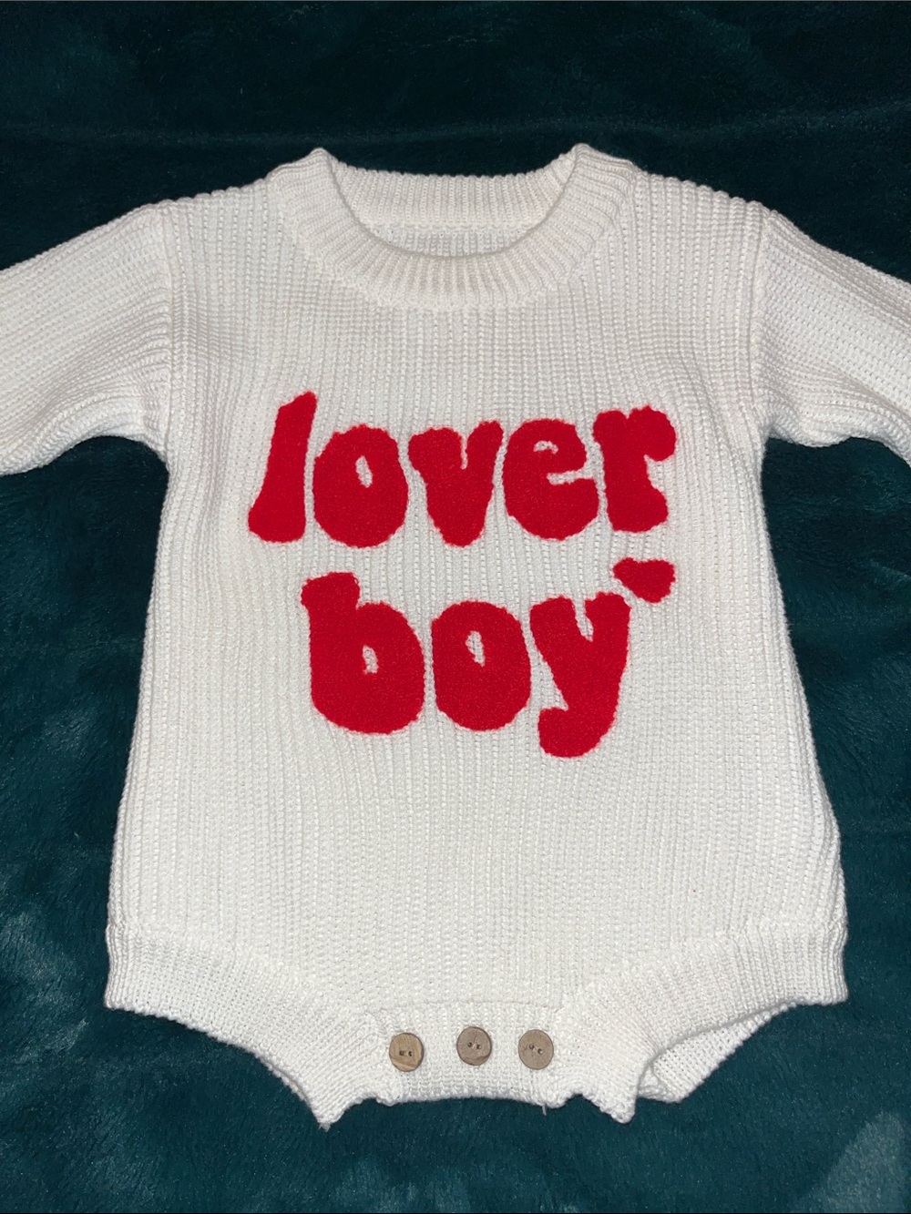 White Knit 'lover boy' Romper with Red Applique